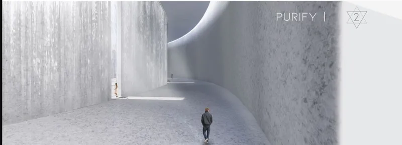 Interior corridor with flowing water walls and curved white surfaces with a visitor standing in shadow