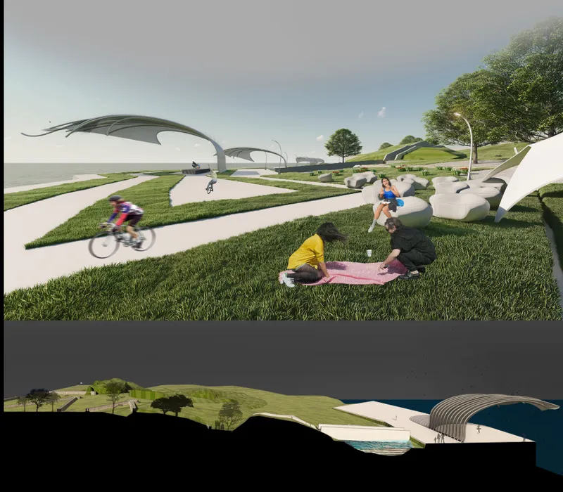 Sloping lawn with embedded seating and cyclists where visitors gather beneath arching shell canopies
