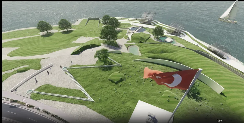 Aerial view of the waterfront park with curving pathways and shell-like canopy structures along the shoreline