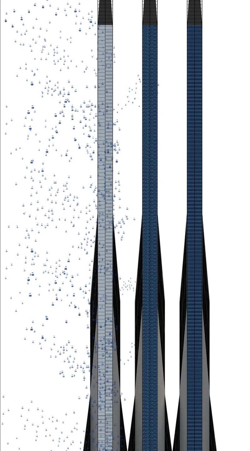 Elevation drawing of three tapered towers with dispersing pixel patterns on white background