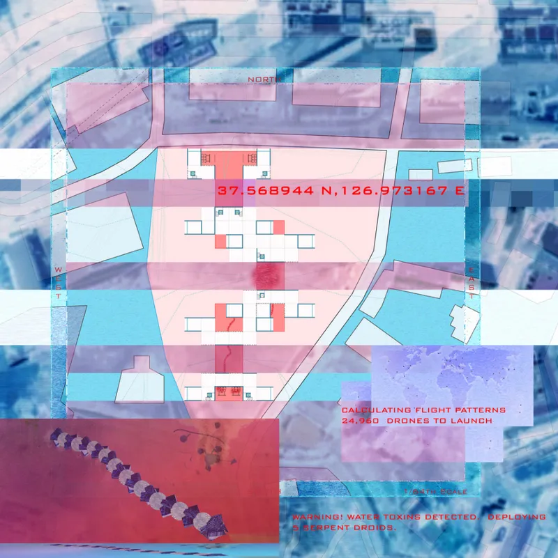 Site plan drawing overlaid on aerial photograph showing building footprints with GPS coordinates