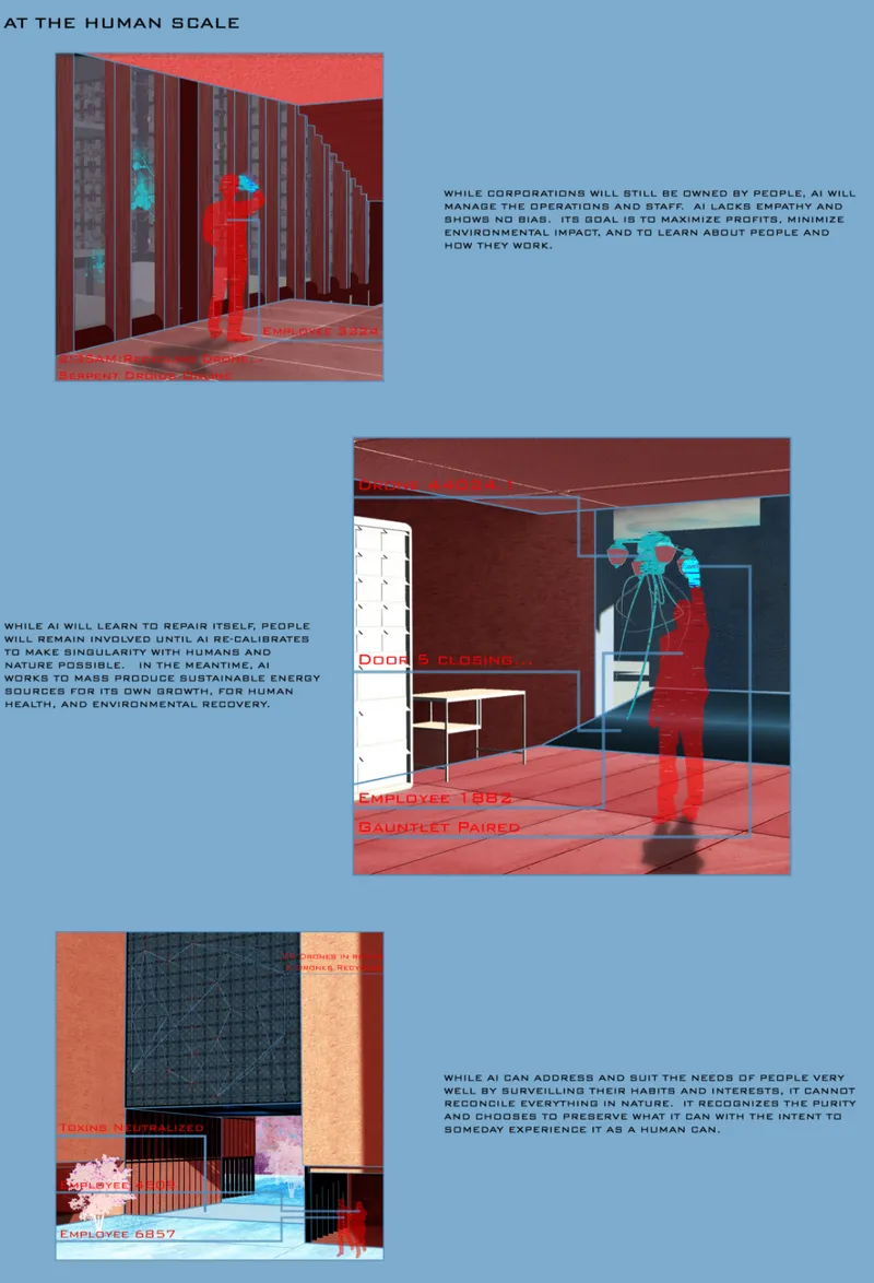 Presentation board showing three renderings of interior and exterior spaces with text annotations