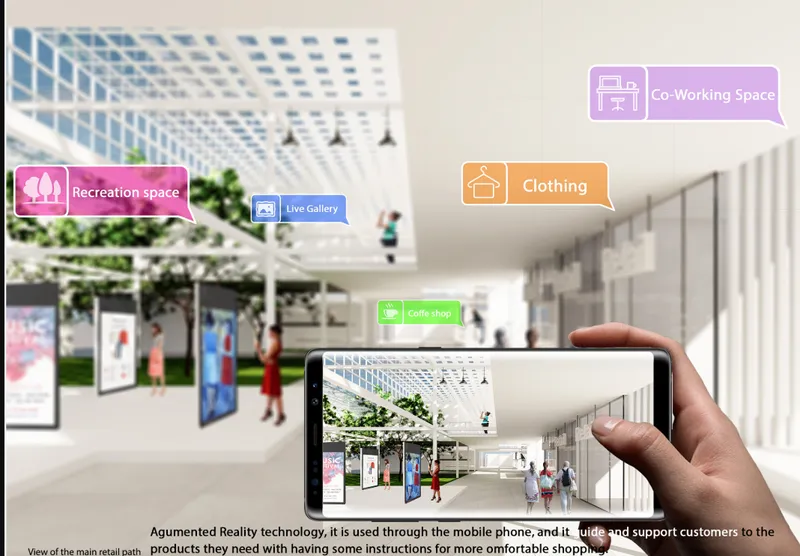 Interior retail corridor with perforated white ceiling and augmented reality interface overlaid on handheld device
