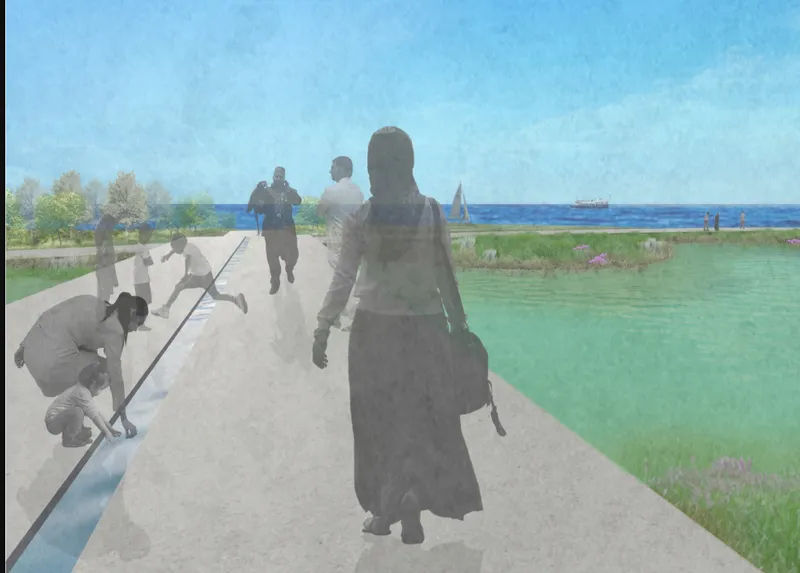 Concrete promenade with steel railing alongside wetland pools and visitors walking toward the sea