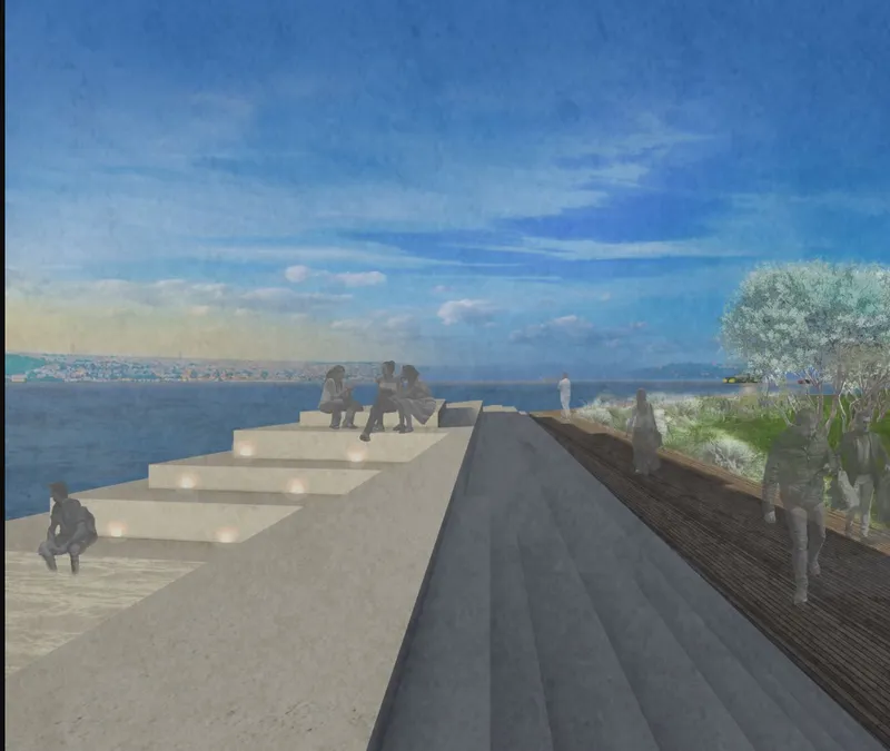 Stepped concrete viewing platform with timber deck and visitors overlooking a blue waterway