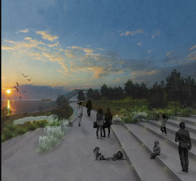 Terraced concrete gathering spaces with planted beds and visitors at sunset beside the water