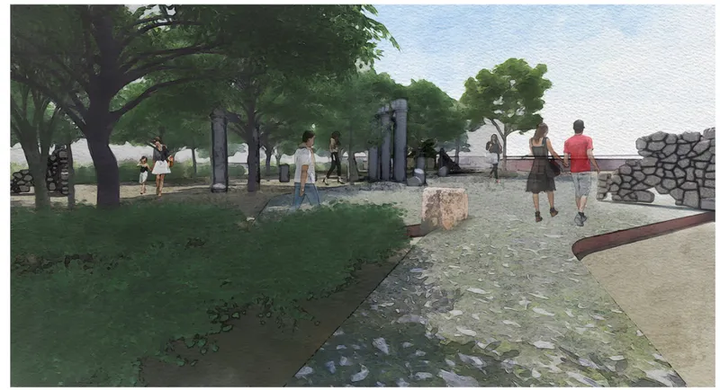 Rendered view of waterfront promenade with visitors walking past stone water channel under leafy trees