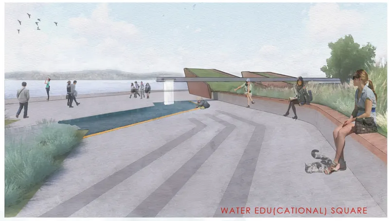 Perspective rendering showing stepped plaza with visitors and angled pavilion roof overlooking the water