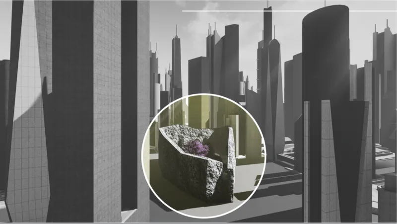 Rendered cityscape with circled detail highlighting textured stone volumes among highrise towers