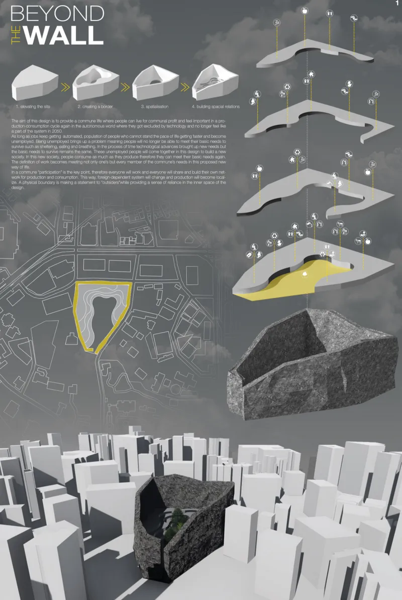 Presentation board showing site plan, sectional diagrams, axonometric iterations and massing model with figures