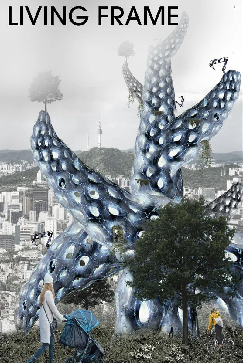 Blue perforated towers rise above a hillside cityscape with pedestrians and trees in mist