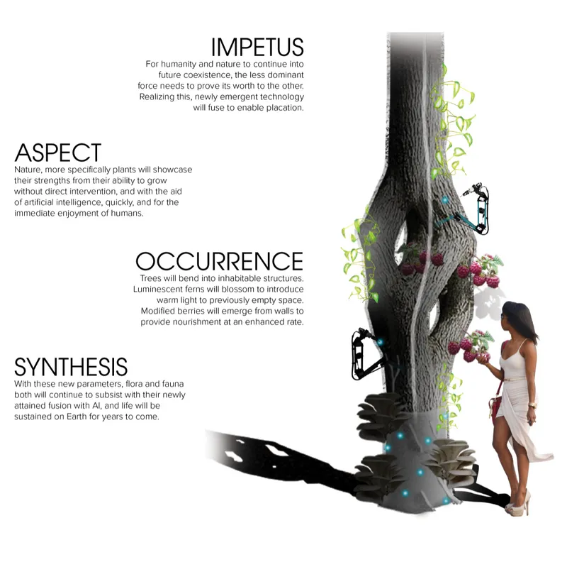 Conceptual diagram showing a vertical habitat structure with integrated plants and a standing figure