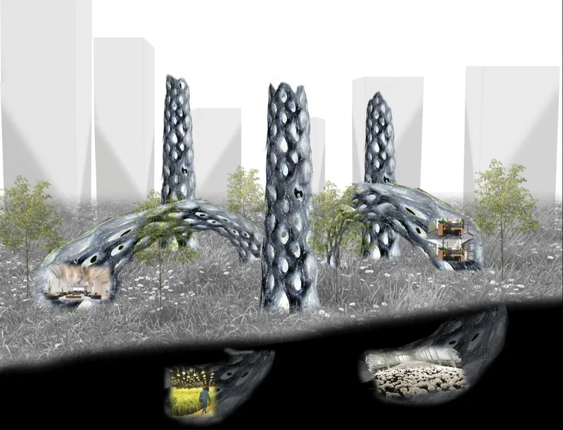 Section drawing showing perforated vertical towers connected by arching bridges with vegetation and underground chambers