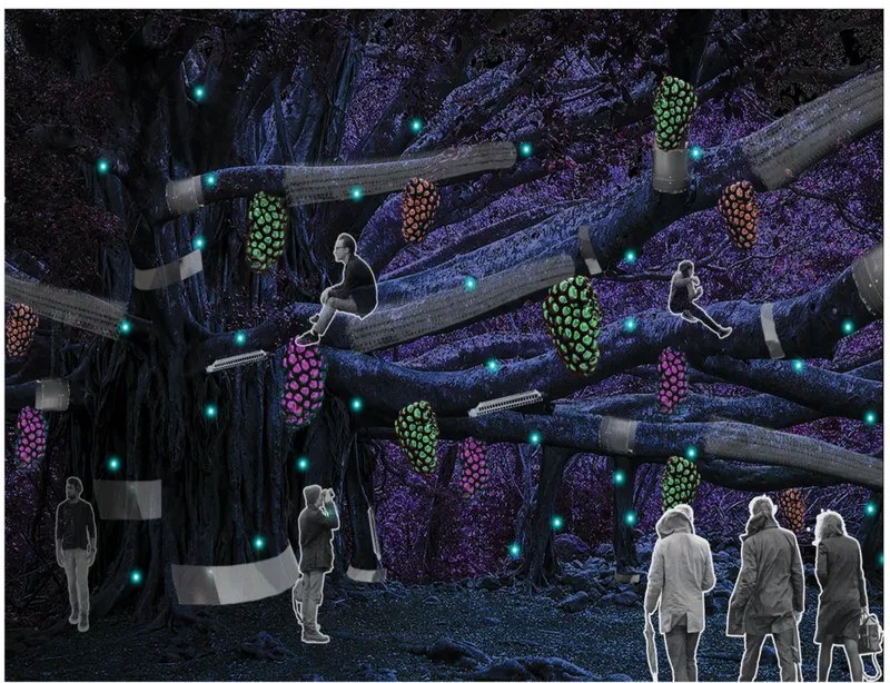 Illuminated tree branches supporting horizontal platforms with clustered pods and figures at night