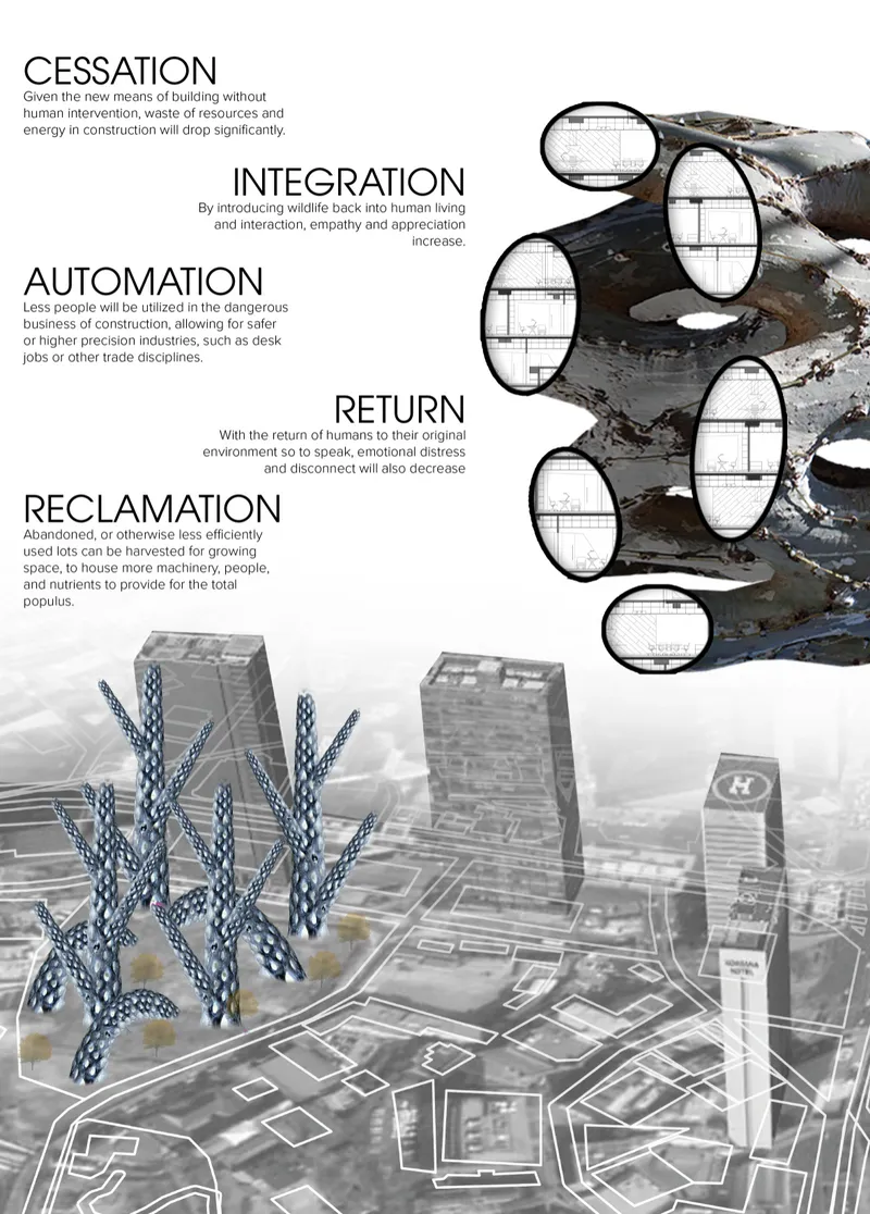 Axonometric drawing showing perforated towers and layered platforms above an urban grid