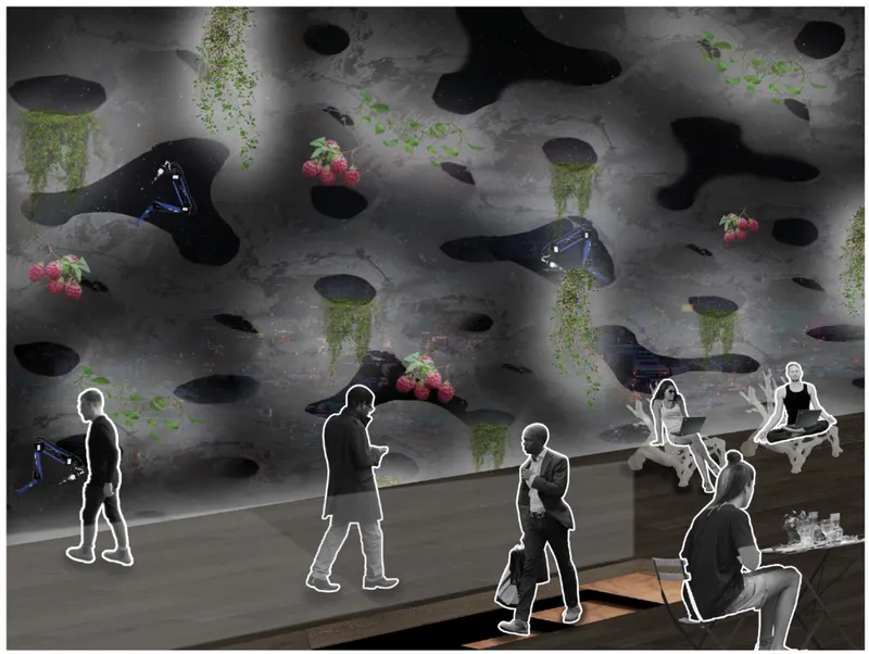 Interior wall view of textured concrete surface with circular perforations containing trailing plants and flowers