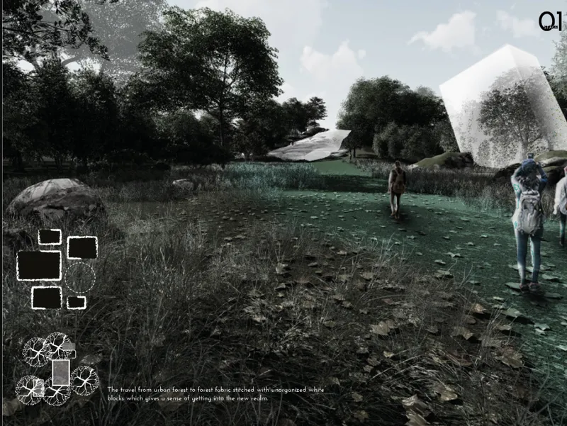 Rendered view of an angular white pavilion rising above a wetland with visitors walking through tall grasses
