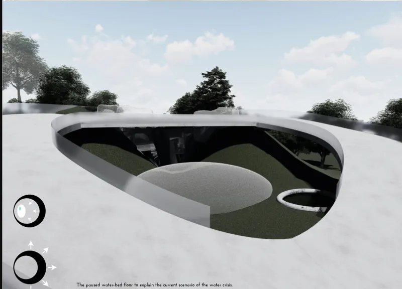 Axonometric rendering showing the poured white roof structure with cutouts revealing interior spaces below
