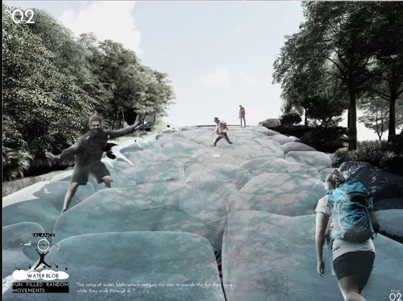 Rendering of a fluid water-filled roof surface with people walking and playing among the organic undulations