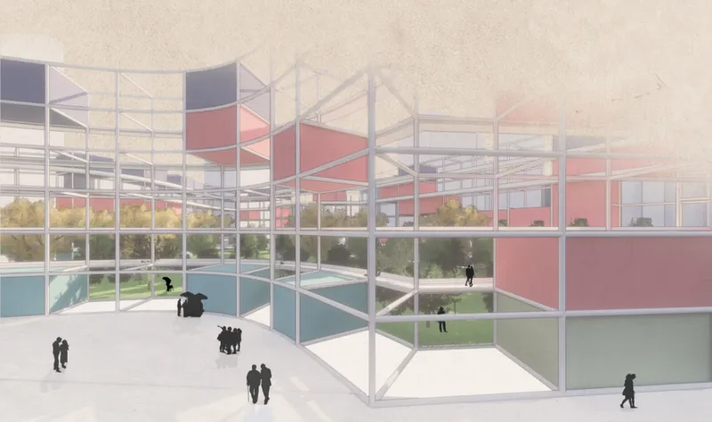 Interior courtyard view through white structural grid with colored panels and figures on lawn