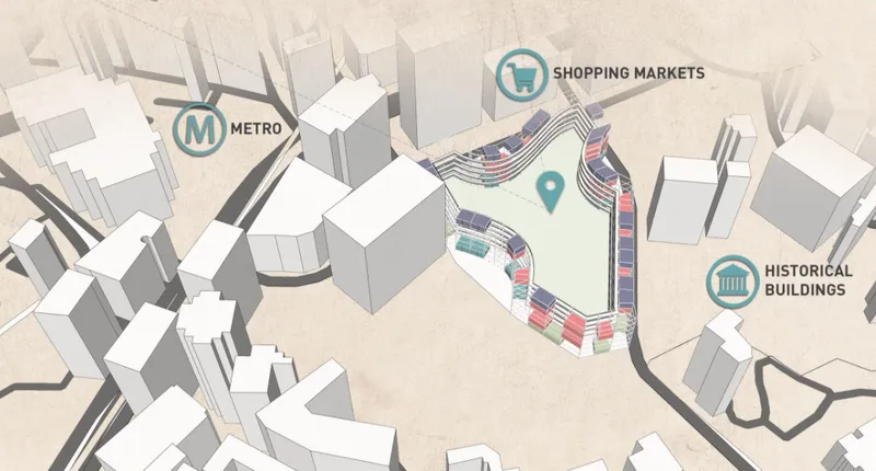 Site plan drawing showing the three-lobed building footprint within surrounding urban blocks and infrastructure