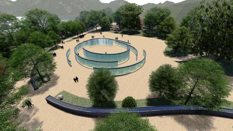 Aerial rendering of a spiral glass water feature within a sandy plaza surrounded by mature trees