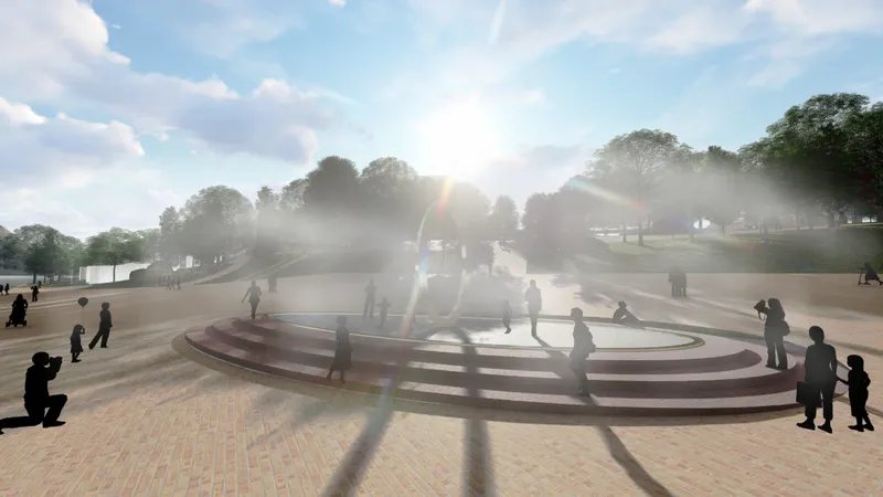 Ground-level rendering of the circular water feature with mist rising and visitors silhouetted against bright sunlight