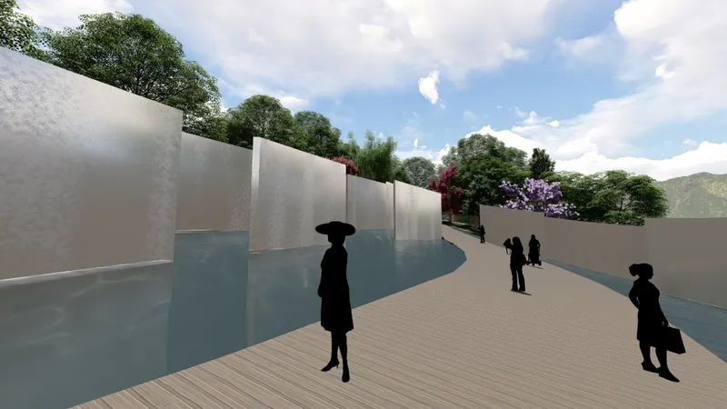 Rendering of visitors on a timber boardwalk beside a curved glass water wall with white panels behind