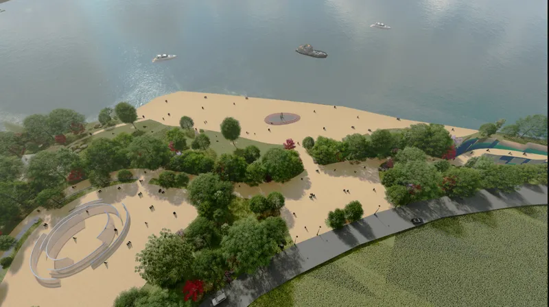 Aerial rendering of the lakeside site showing the circular water feature and plaza nestled among trees