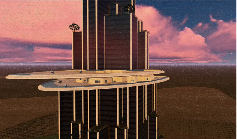 Close view of the horizontal disc platform wrapping the central tower columns at twilight