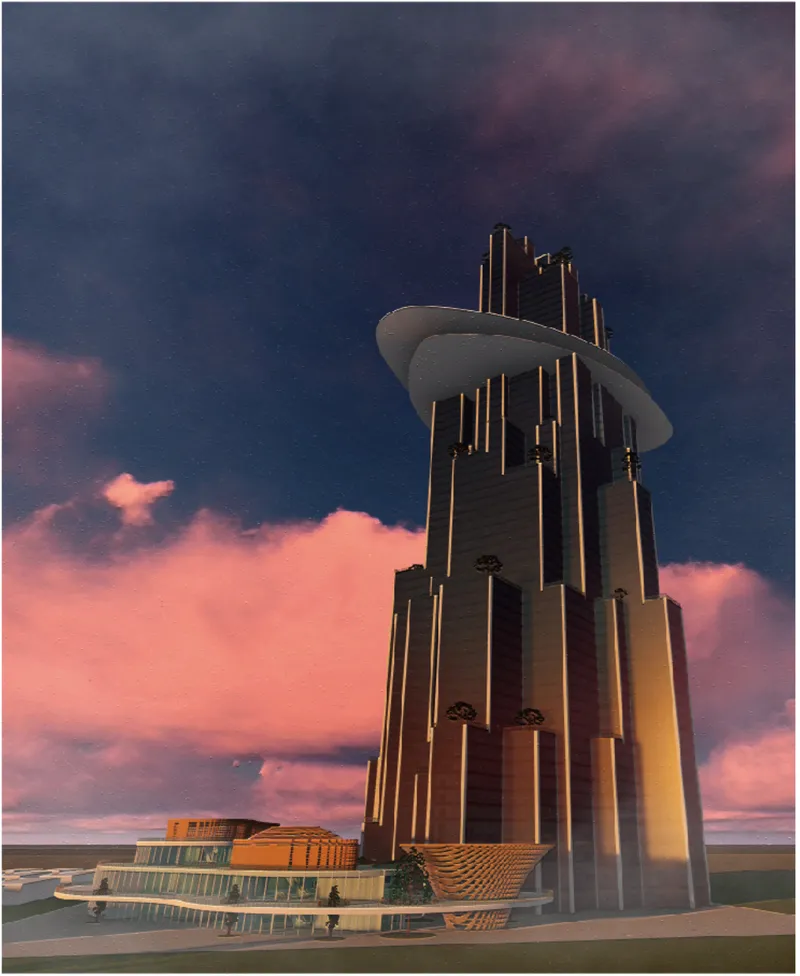 Rendering of a vertical tower with clustered cylindrical forms and a circular observation deck at dusk