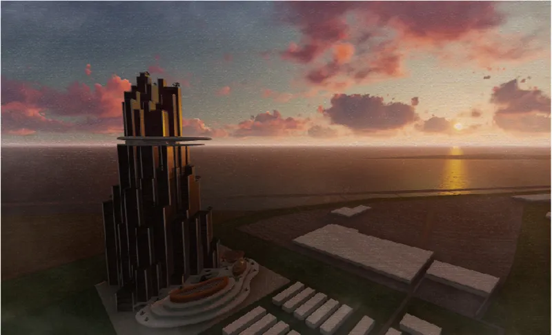 Aerial view of the tower with terraced base platforms and distant cityscape at sunset