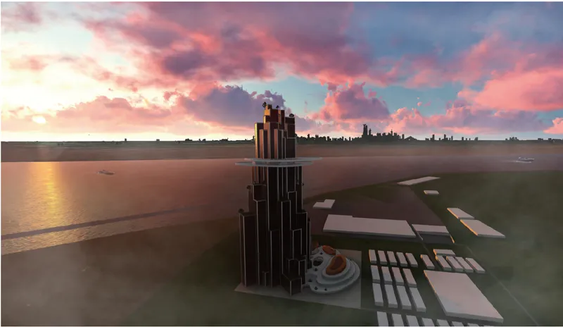 Wide perspective showing the tower complex with water features and reflecting pools under pink clouds