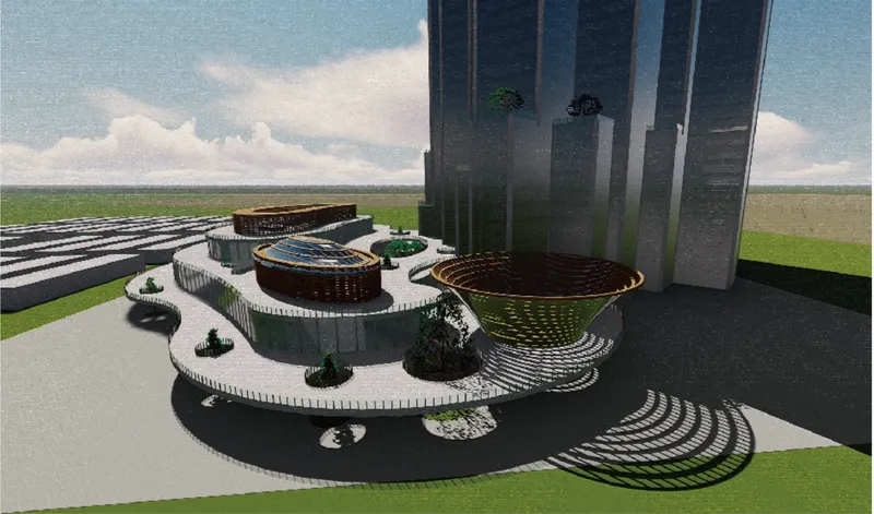 Ground level view of the circular terraced podium with planted courtyards beneath the tower base