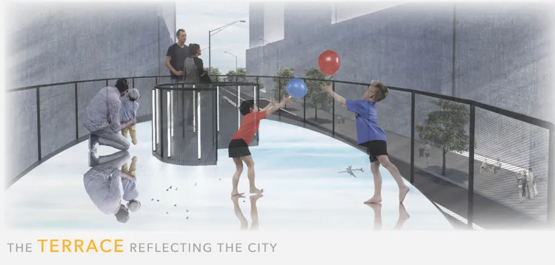 Rooftop terrace with shallow reflecting pool and black metal railing, occupied by children playing with balloons