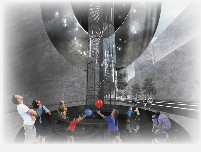Interior atrium with spiral staircase rising through circular apertures as visitors interact with falling balloons