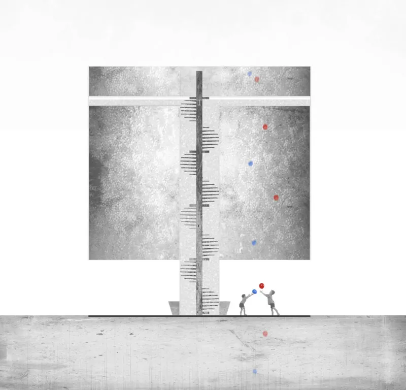 Elevation drawing showing vertical staircase threading through floor plates with figures and floating balloons
