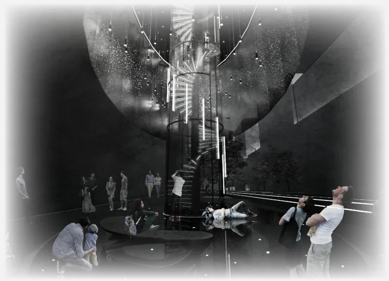 Vertical atrium space with spiral staircase and multiple levels as visitors move through illuminated voids