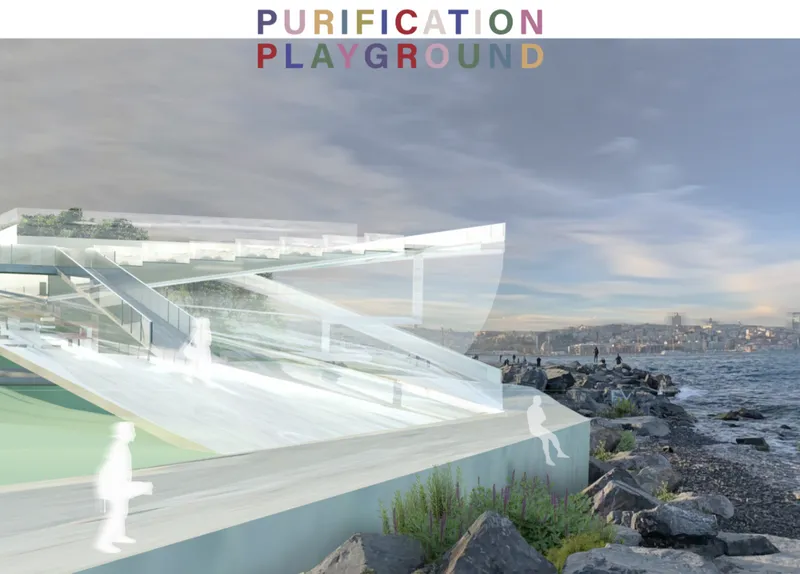 Tiered translucent platforms and pools extending over a rocky beach at dusk