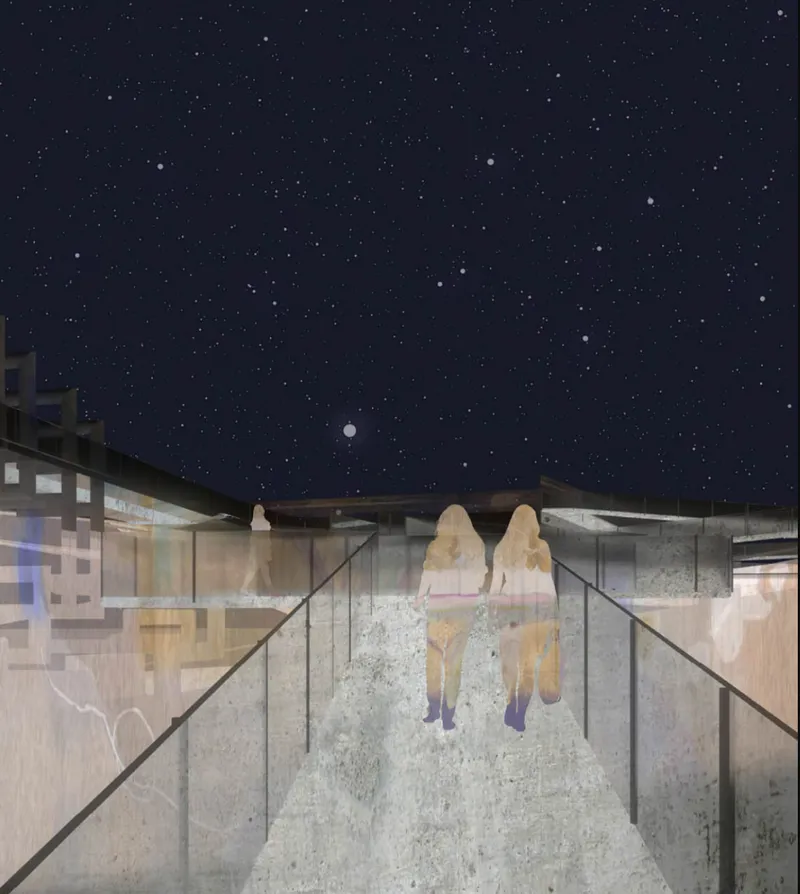 Top-down view of two figures on a concrete plaza with glass railings under a starry night sky