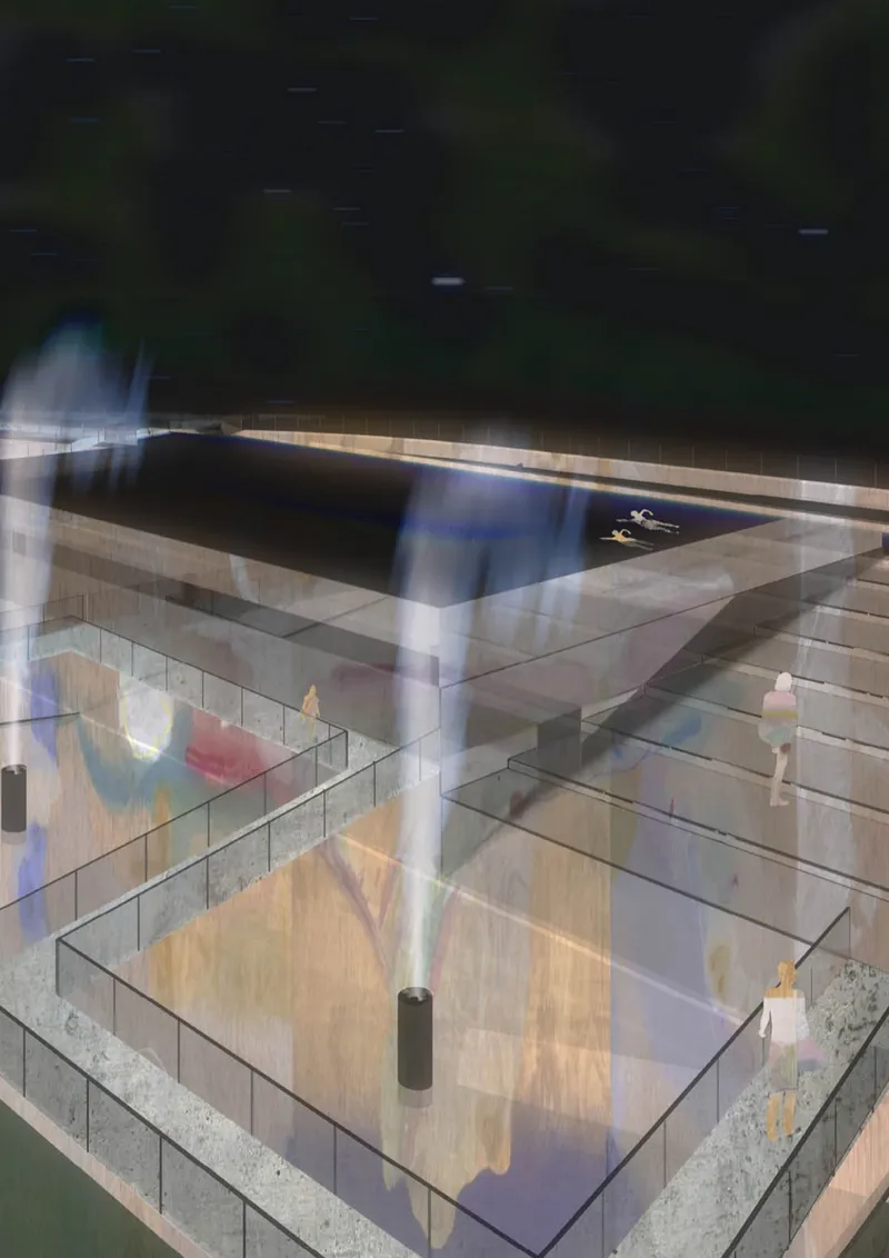 Aerial view of a rectangular pool on a concrete deck with fountain projections at night