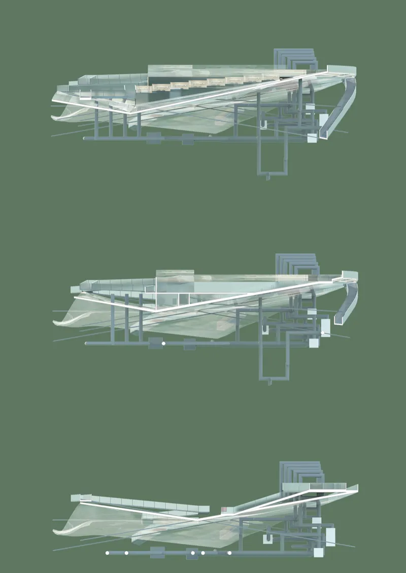 Section drawing showing three stacked levels of sloping platforms and interior spaces