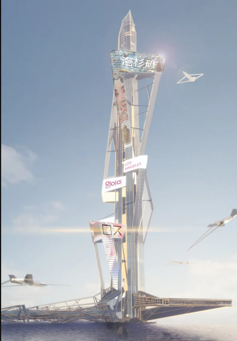 Vertical glass tower with diagonal structural bracing and signage panels as an aircraft passes overhead
