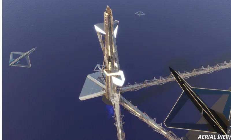 Aerial view of the illuminated vertical tower with triangular wings extending from its core at dusk