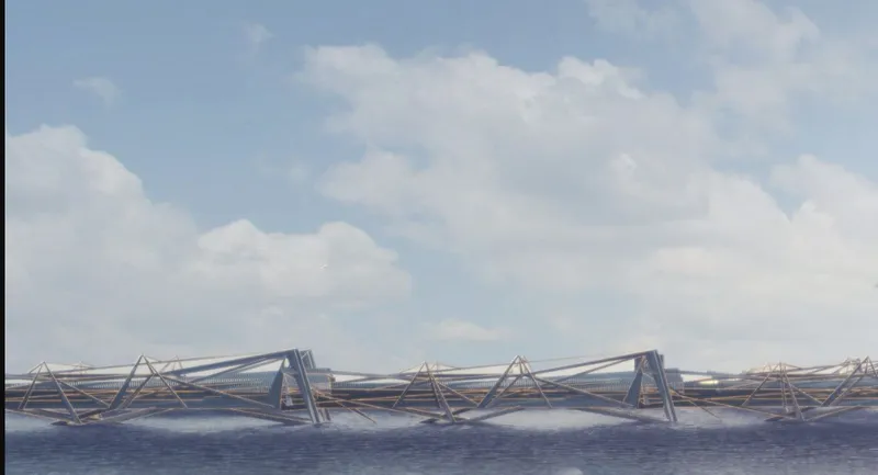 Long view of the triangulated steel truss bridge spanning across water under a cloudy sky