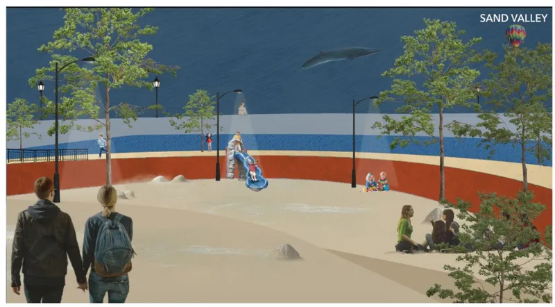 Rendering of a sandy plaza with trees, street lamps, and families gathered near a red curved wall