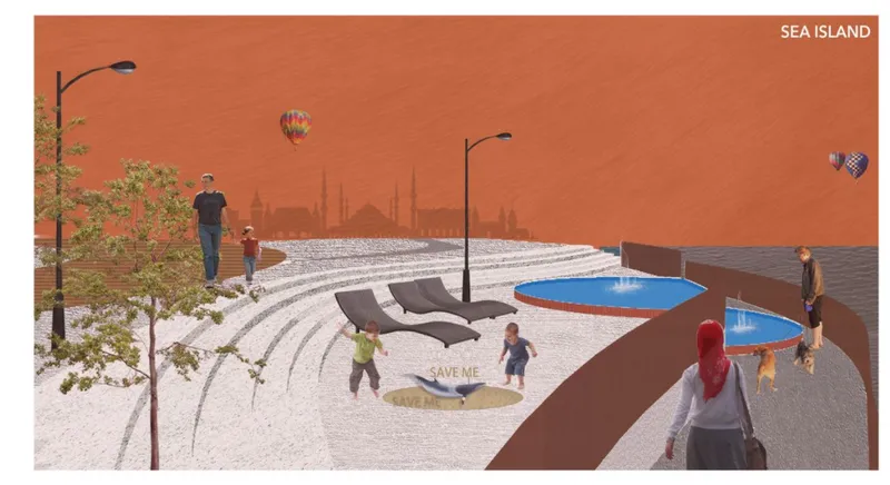 Rendering showing a terraced amphitheater and circular blue pools beneath an orange sky with hot air balloons