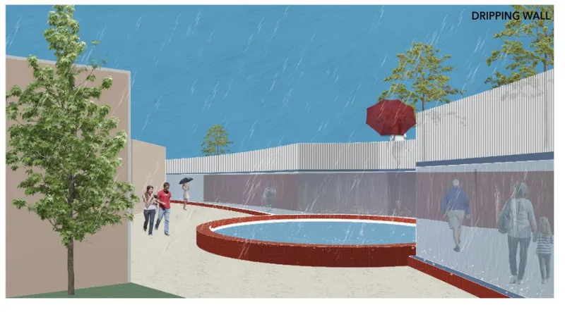 Rendering of a curved pool with red brick edging beside a corrugated metal wall in the rain