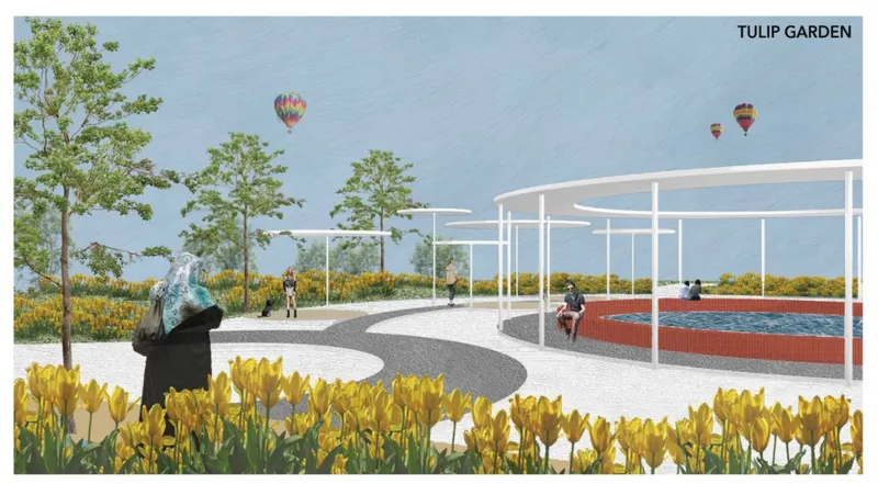 Rendering of a white pergola structure over pathways lined with yellow tulips and hot air balloons overhead