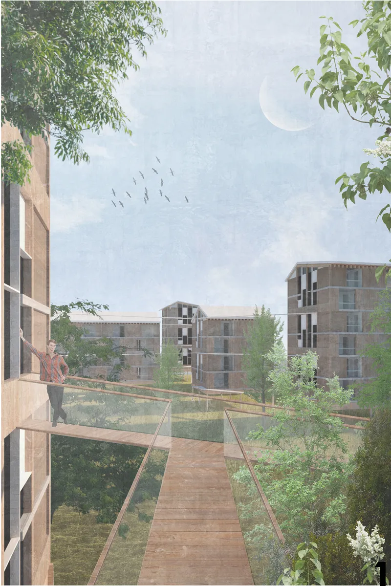 Elevated timber walkway connecting housing blocks through planted courtyard with birds overhead
